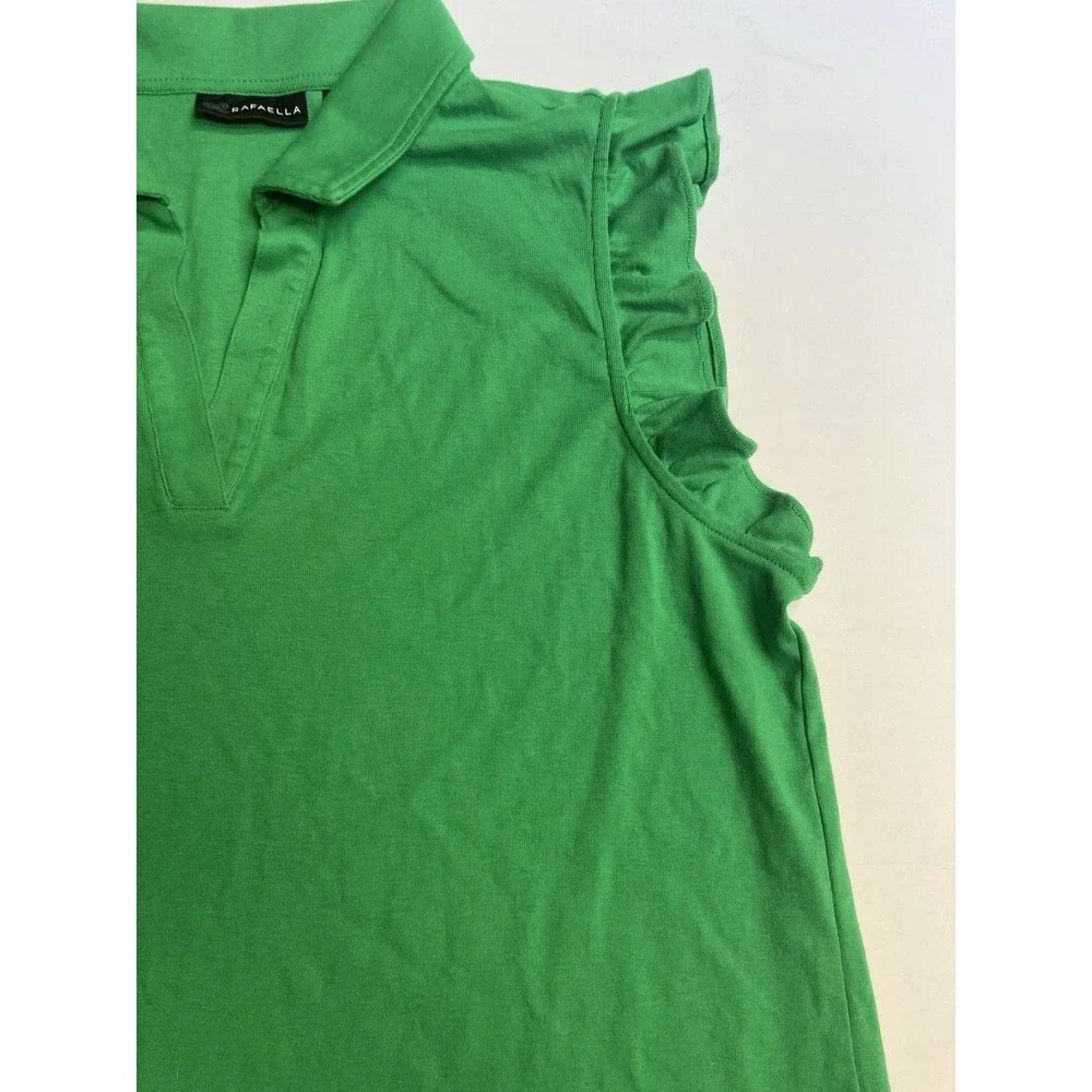 Rafaella Women's Green Solid Collared Knit Cotton Ruffle Polo Top XXL Regular